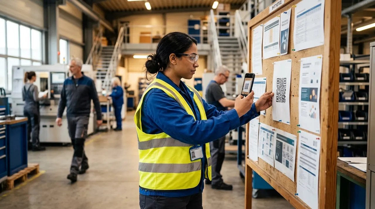Employee on the shop floor scanning a QR code on a notice board