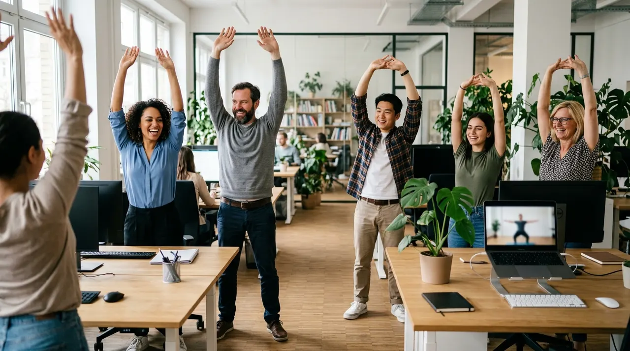 Team taking a short movement break at their desks