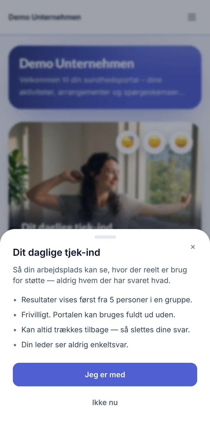 Skærm i medarbejderportalen: Dagligt check-in