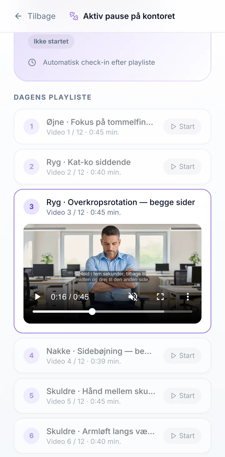 Skærm i medarbejderportalen: Aktiv pause på video