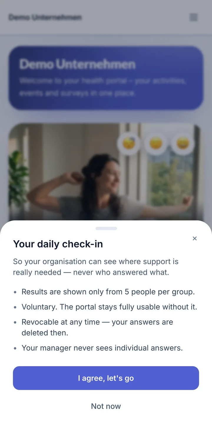 Screen in the employee portal: Daily check-in