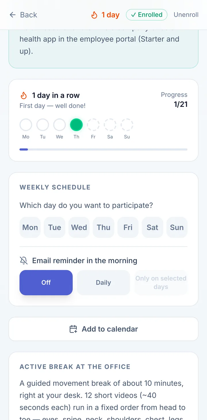 Screen in the employee portal: Keeping at it with check-ins