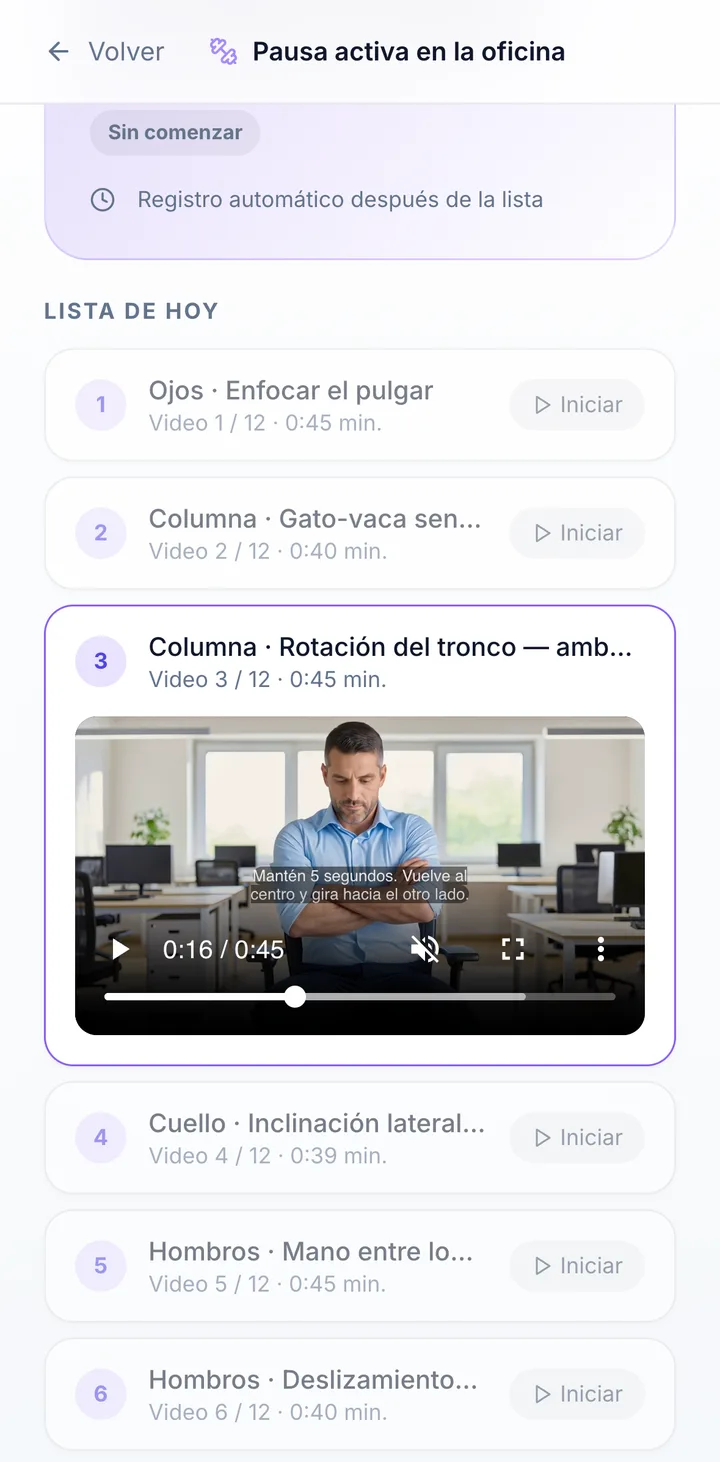 Pantalla del portal para empleados: Pausa activa en vídeo