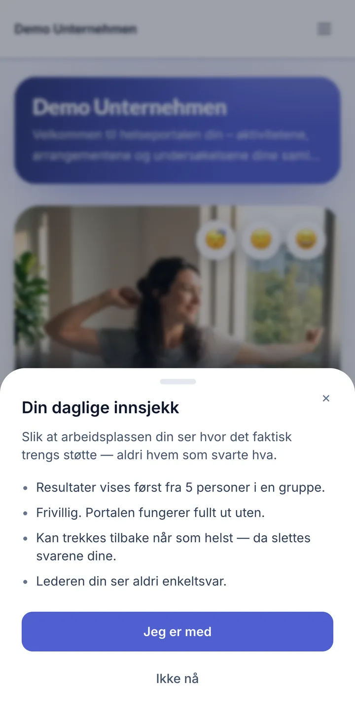 Skjerm i portalen for ansatte: Daglig innsjekk