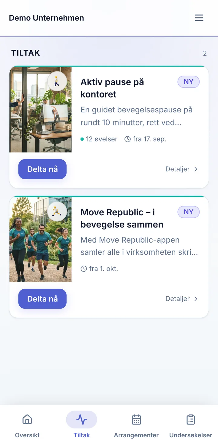 Skjerm i portalen for ansatte: Aktiviteter med ett klikk