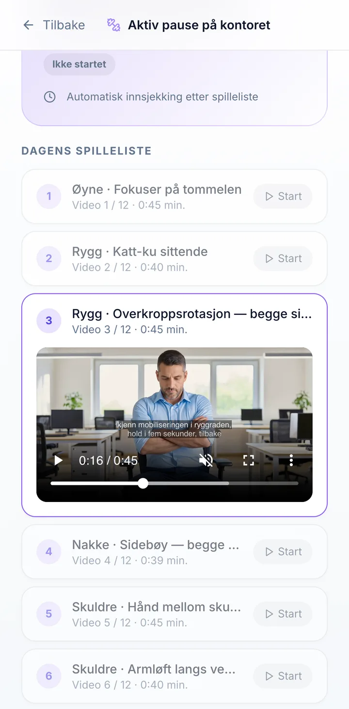 Skjerm i portalen for ansatte: Aktiv pause på video