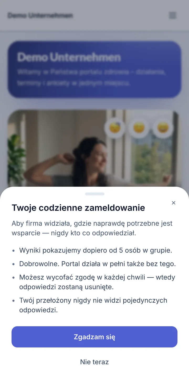 Ekran w portalu dla pracowników: Codzienny meldunek