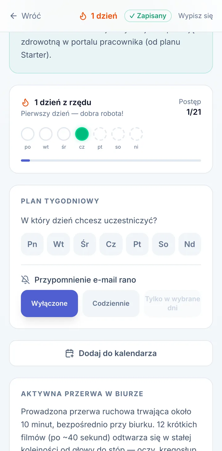 Ekran w portalu dla pracowników: Wytrwałość dzięki codziennym meldunkom