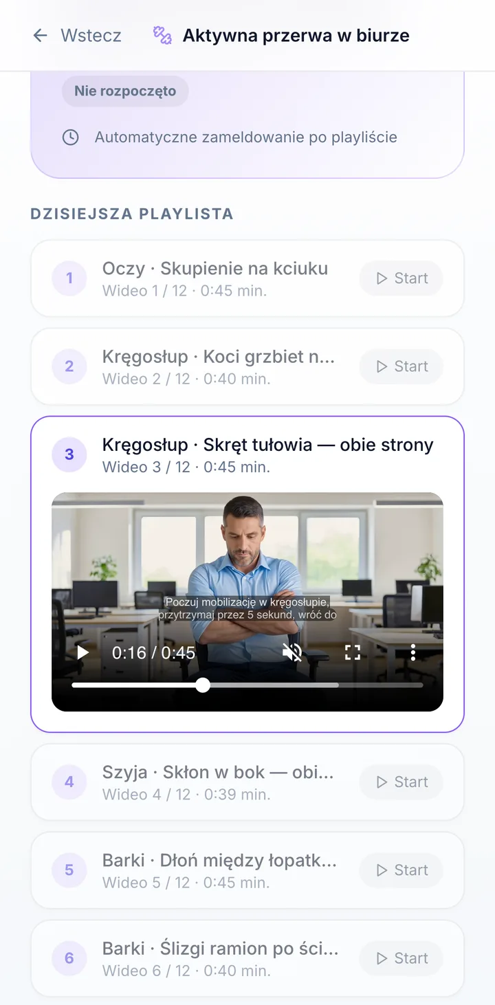 Ekran w portalu dla pracowników: Aktywna przerwa z wideo